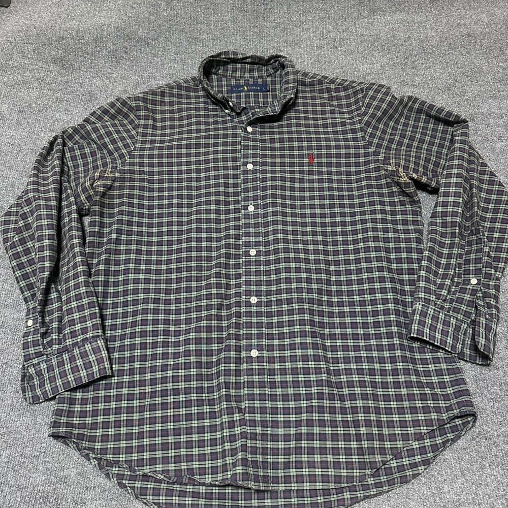 Ralph Lauren Mens Large Green Plaid‎ Button Down Shirt Long Sleeve Pony Logo